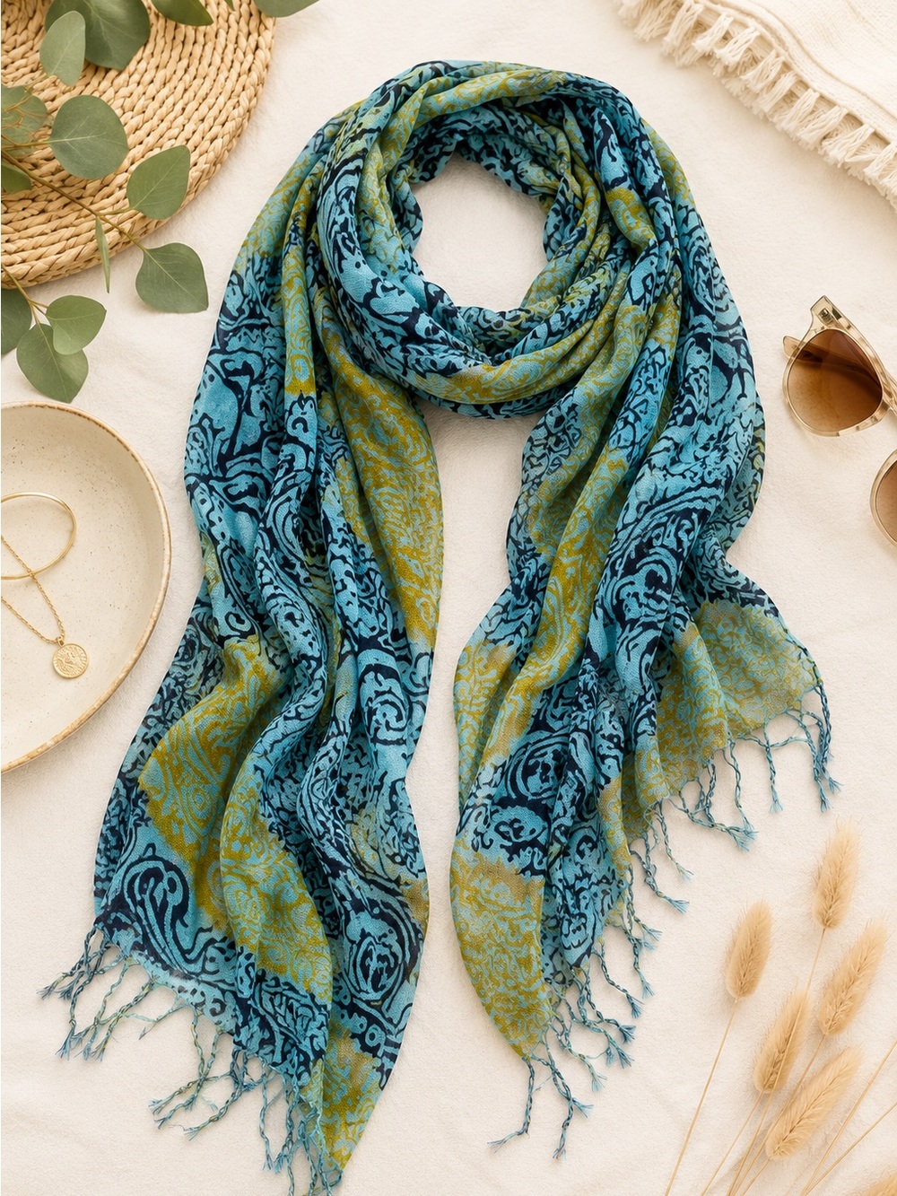 Nordstrom Lightweight Boho Paisley Scarf Wrap Shawl Blue Green One Size